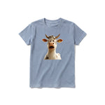 A steel-blue short-sleeve crewneck t-shirt for youth featuring a graphic of a farm animal on the front.