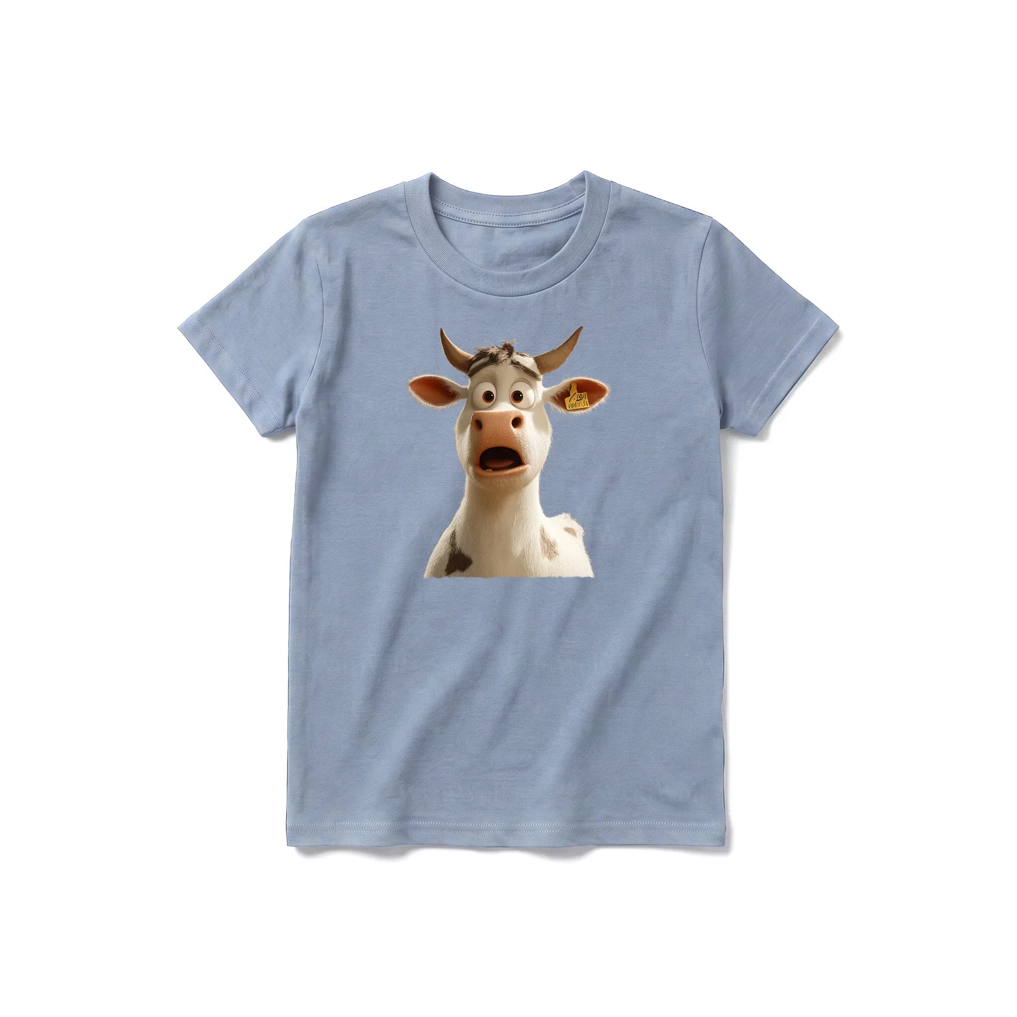 A steel-blue short-sleeve crewneck t-shirt for youth featuring a graphic of a farm animal on the front.