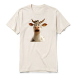 A vintage-white short-sleeve crewneck t-shirt for adult featuring a graphic of a farm animal on the front.