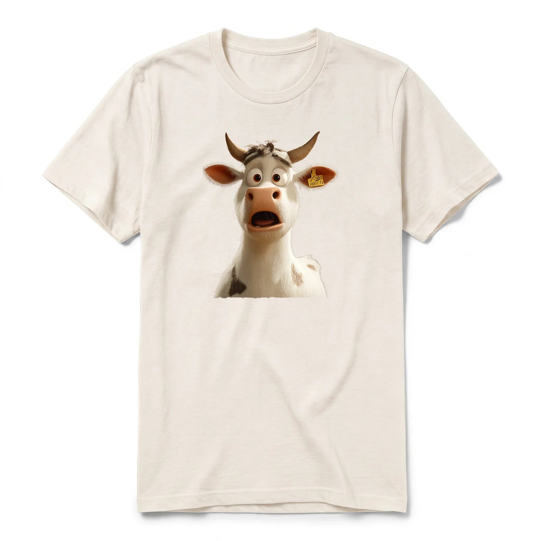 A vintage-white short-sleeve crewneck t-shirt for adult featuring a graphic of a farm animal on the front.
