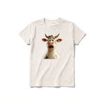 A vintage-white short-sleeve crewneck t-shirt for youth featuring a graphic of a farm animal on the front.