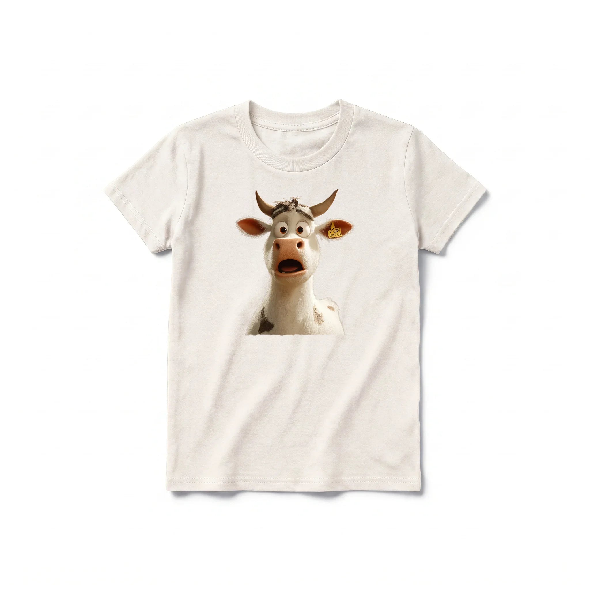 A vintage-white short-sleeve crewneck t-shirt for youth featuring a graphic of a farm animal on the front.