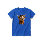 A royal short-sleeve crewneck t-shirt for youth featuring a graphic of a farm animal on the front.