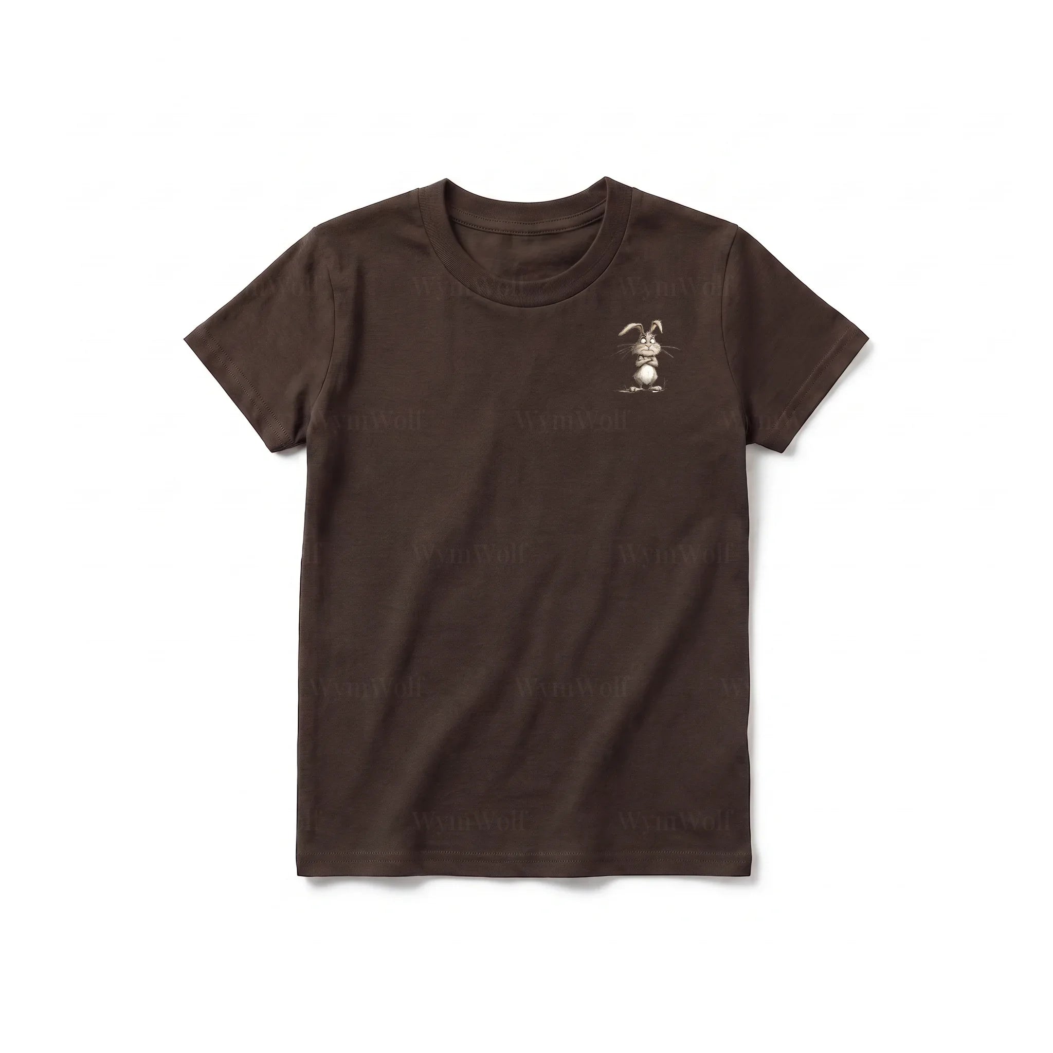 Un T-shirt chocolat à manches courtes et col rond pour jeune, orné d'un motif représentant un animal de la ferme sur la poitrine gauche.