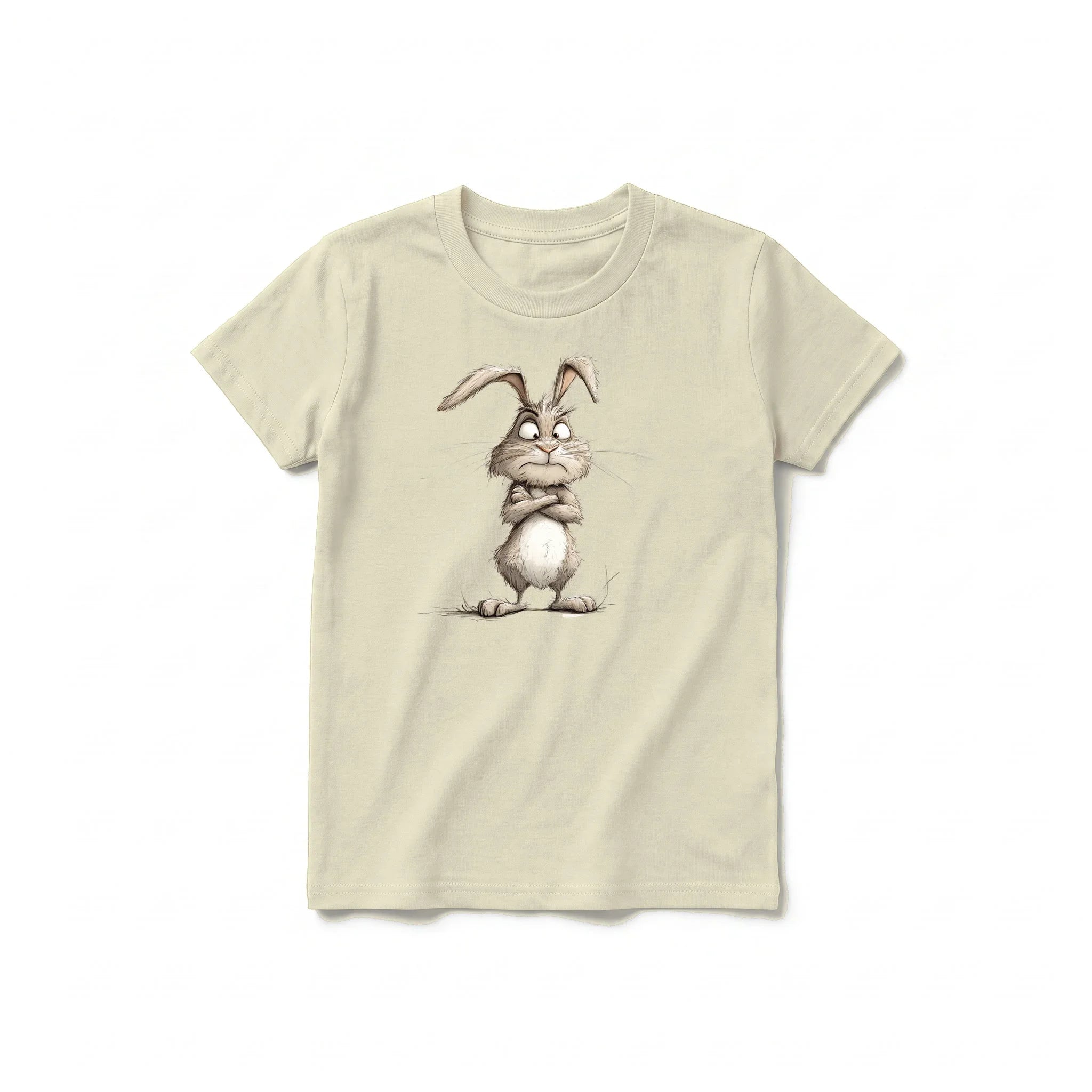 Un T-shirt latte à manches courtes et col rond pour jeune, orné d'un motif représentant un animal de la ferme sur le devant.