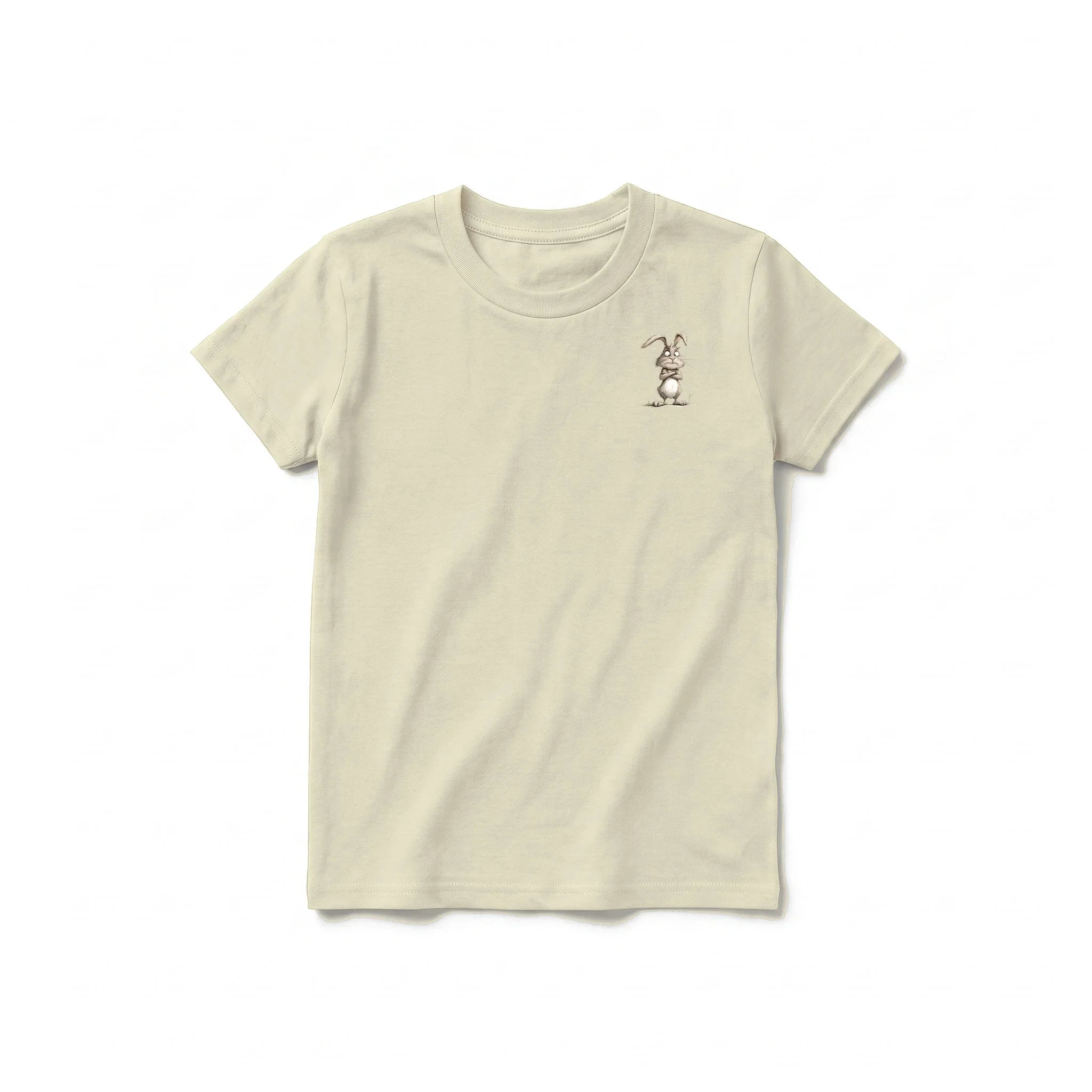 Un T-shirt latte à manches courtes et col rond pour jeune, orné d'un motif représentant un animal de la ferme sur la poitrine gauche.