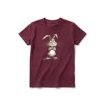 A maroon short-sleeve crewneck t-shirt for youth featuring a graphic of a farm animal on the front.