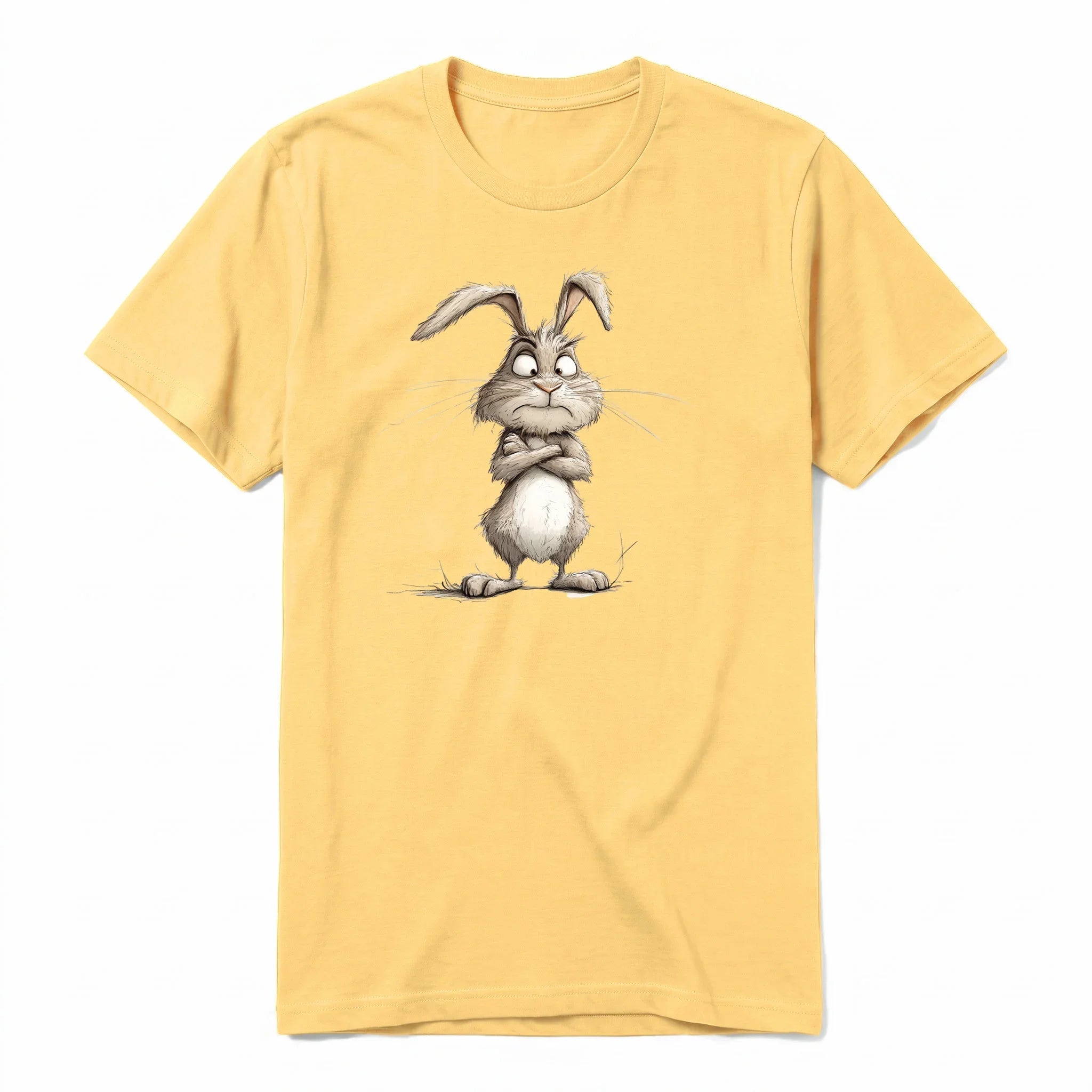 A mustard short-sleeve crewneck t-shirt for adult featuring a graphic of a farm animal on the front.