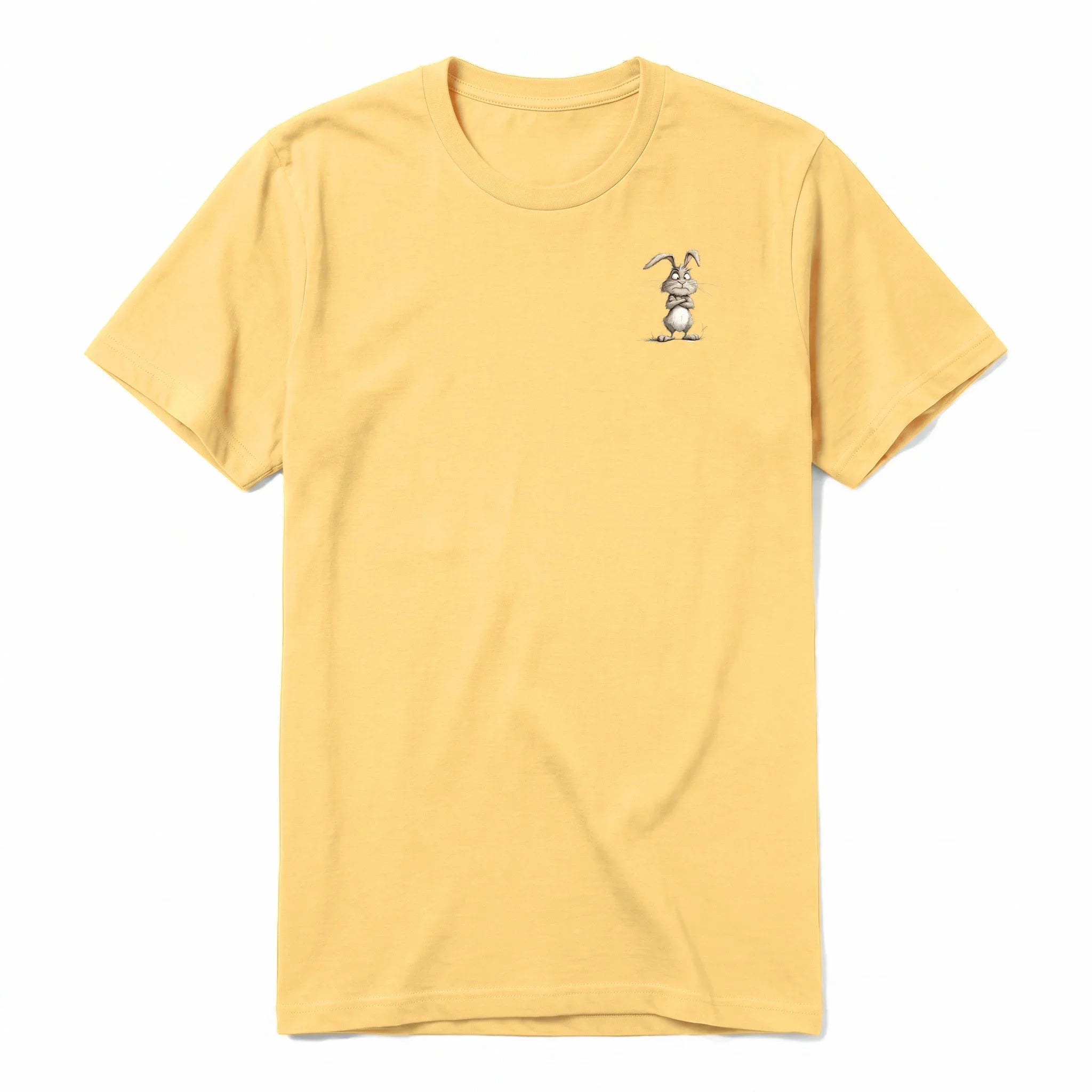 A mustard short-sleeve crewneck t-shirt for adult featuring a graphic of a farm animal on the left chest.