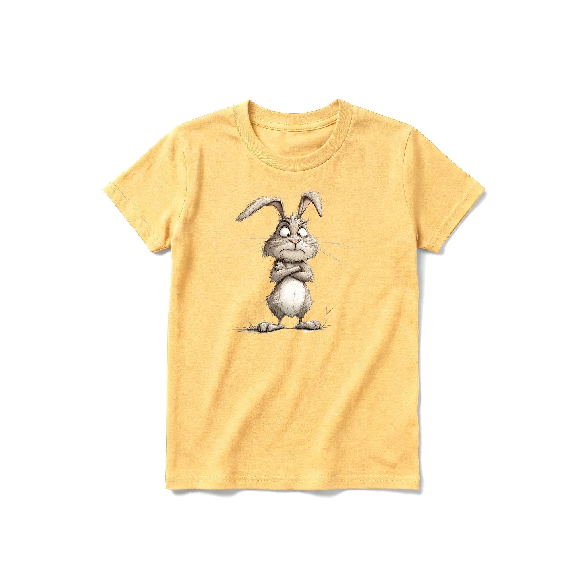 A mustard short-sleeve crewneck t-shirt for youth featuring a graphic of a farm animal on the front.
