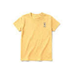 A mustard short-sleeve crewneck t-shirt for youth featuring a graphic of a farm animal on the left chest.