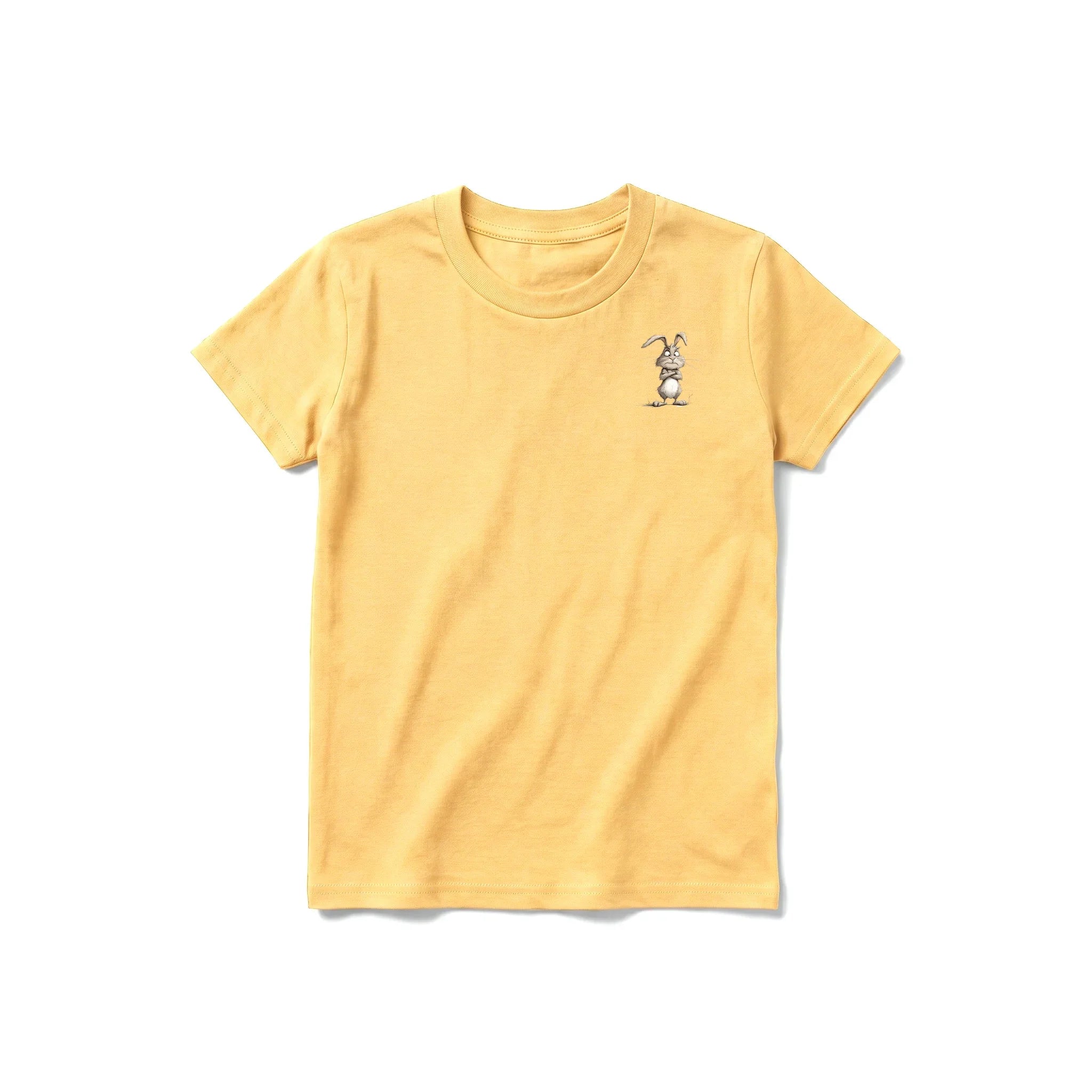 A mustard short-sleeve crewneck t-shirt for youth featuring a graphic of a farm animal on the left chest.