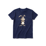 A navy short-sleeve crewneck t-shirt for youth featuring a graphic of a farm animal on the front.