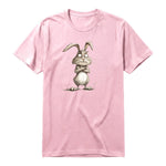 A pink short-sleeve crewneck t-shirt for adult featuring a graphic of a farm animal on the front.