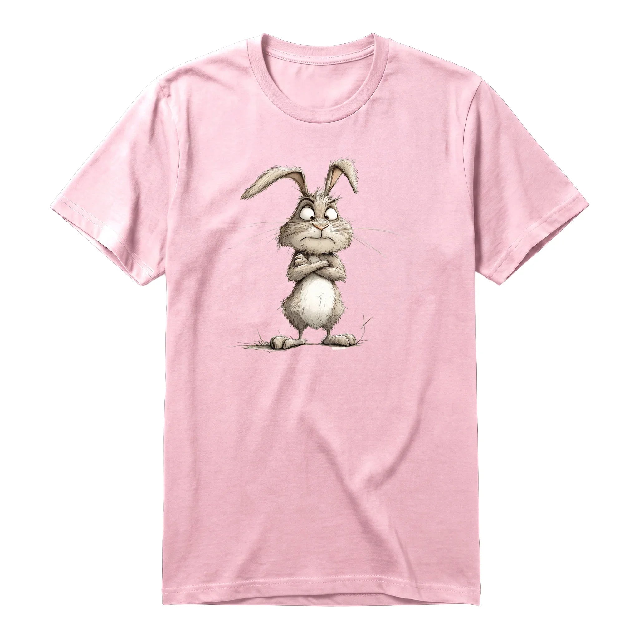 A pink short-sleeve crewneck t-shirt for adult featuring a graphic of a farm animal on the front.