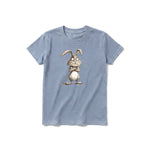 A steel-blue short-sleeve crewneck t-shirt for youth featuring a graphic of a farm animal on the front.