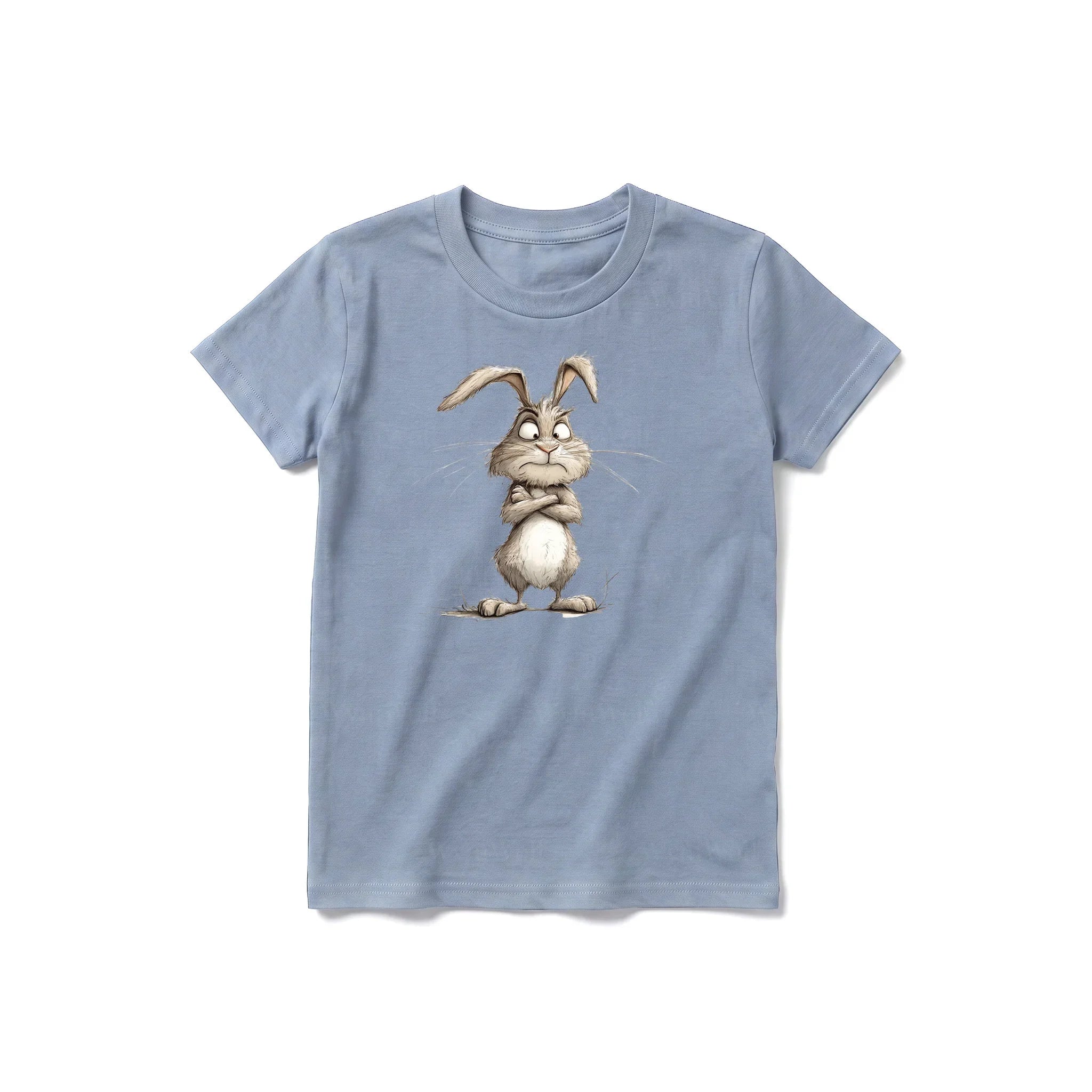 A steel-blue short-sleeve crewneck t-shirt for youth featuring a graphic of a farm animal on the front.