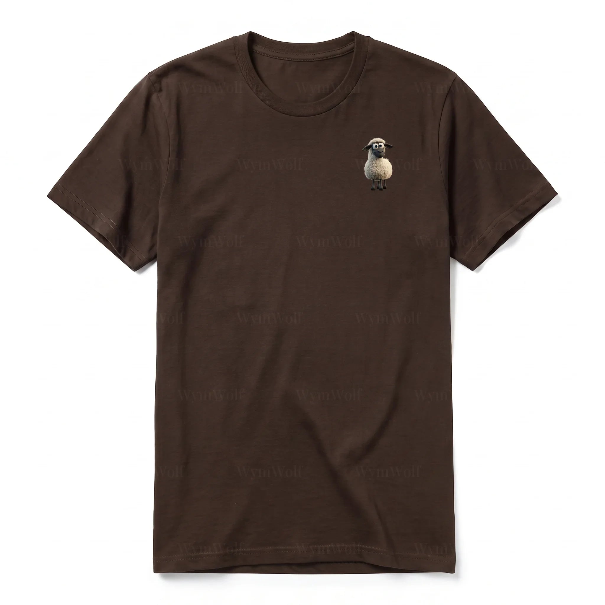 A chocolate short-sleeve crewneck t-shirt for adult featuring a graphic of a farm animal on the left chest.