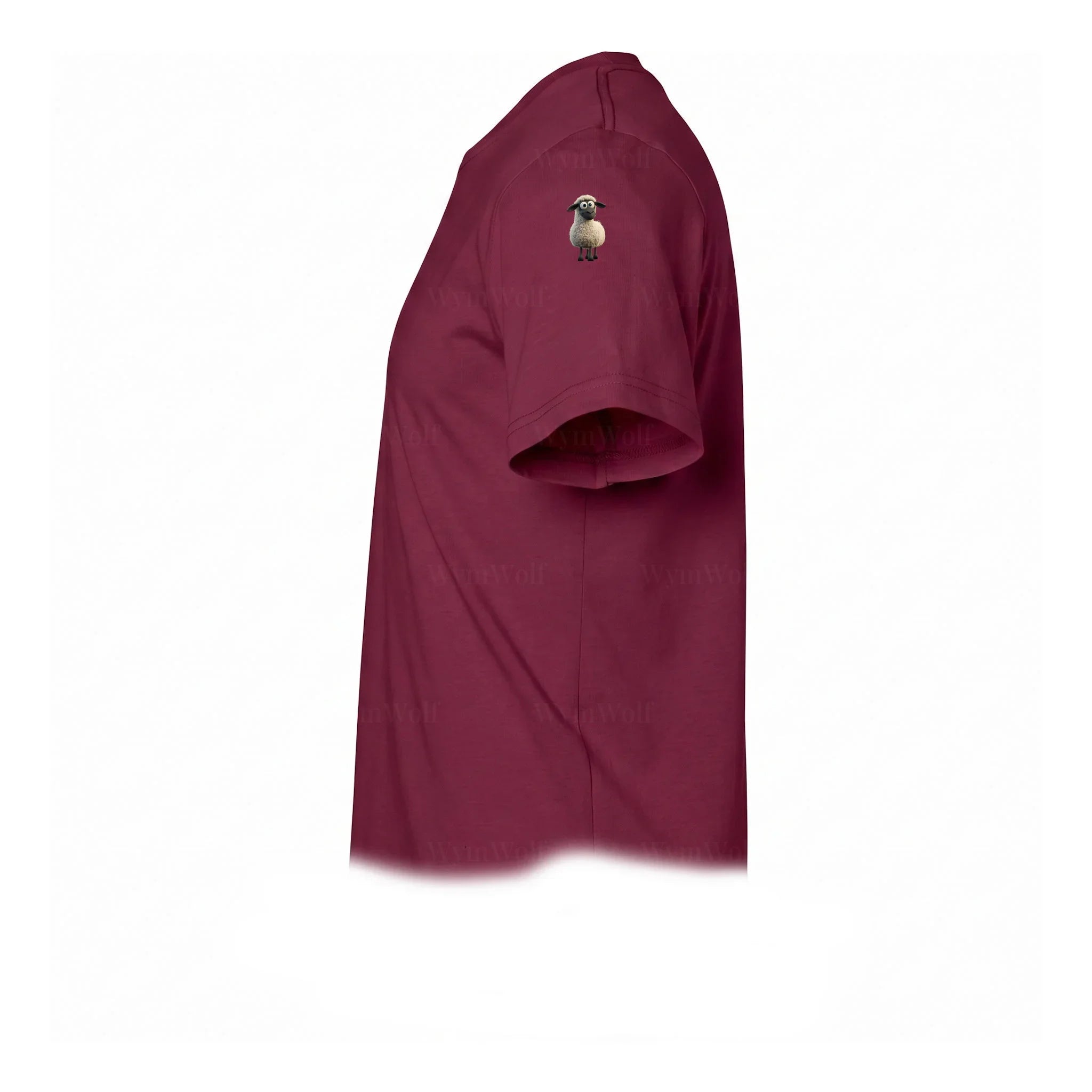 A maroon short-sleeve crewneck t-shirt  featuring a small graphic of a farm animal on the upper left sleeve.