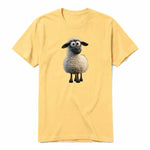 A mustard short-sleeve crewneck t-shirt for adult featuring a graphic of a farm animal on the front.