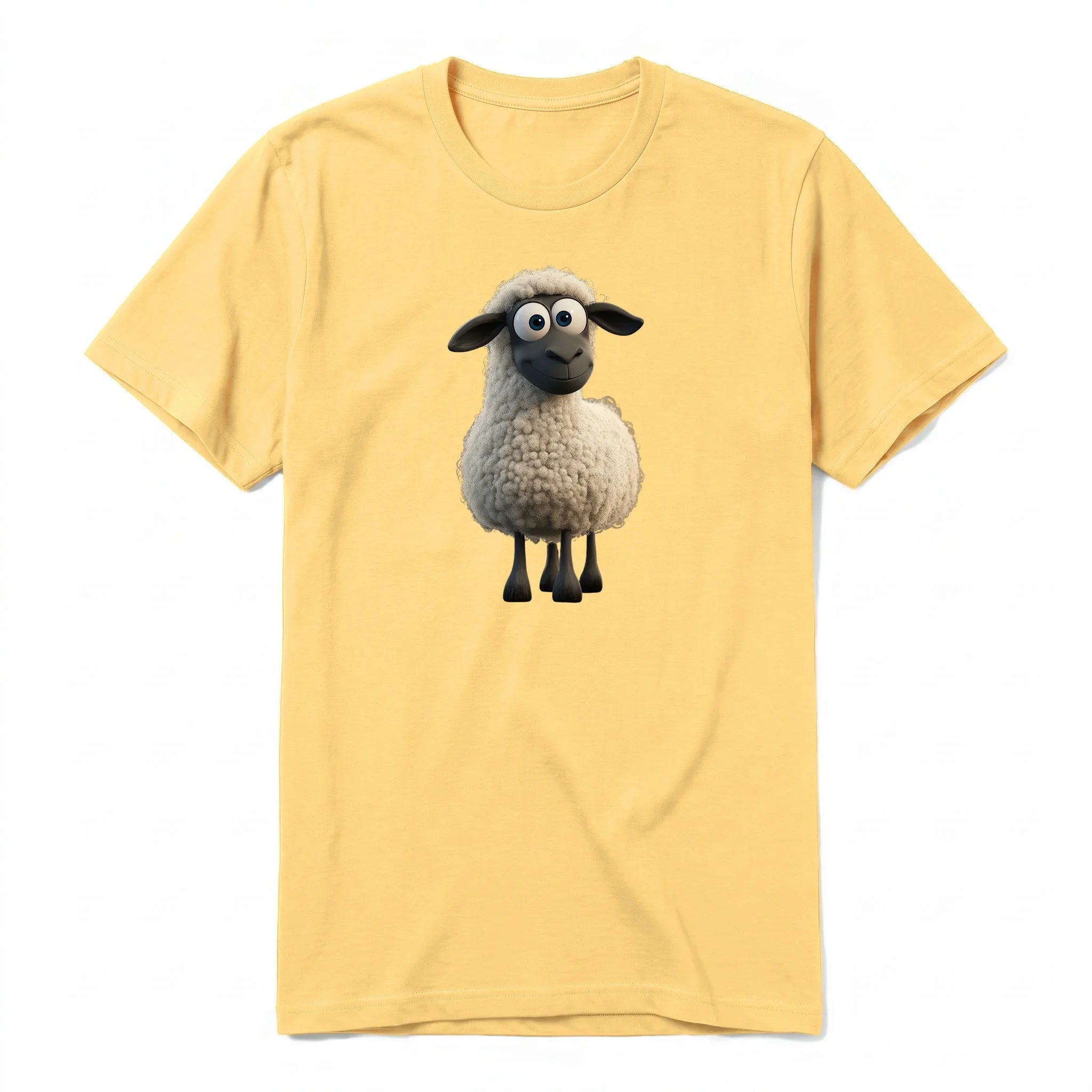 A mustard short-sleeve crewneck t-shirt for adult featuring a graphic of a farm animal on the front.