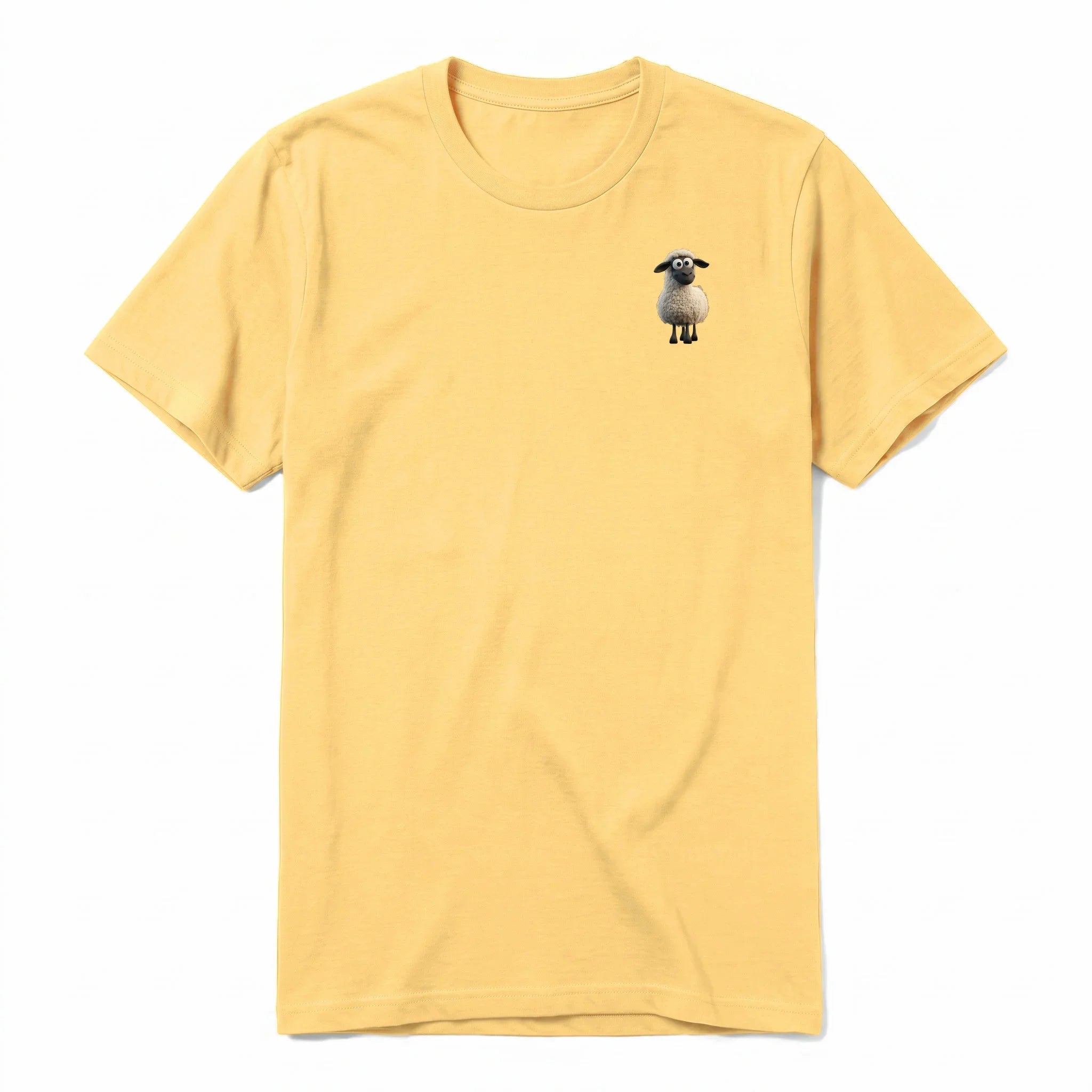 A mustard short-sleeve crewneck t-shirt for adult featuring a graphic of a farm animal on the left chest.