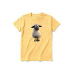 A mustard short-sleeve crewneck t-shirt for youth featuring a graphic of a farm animal on the front.