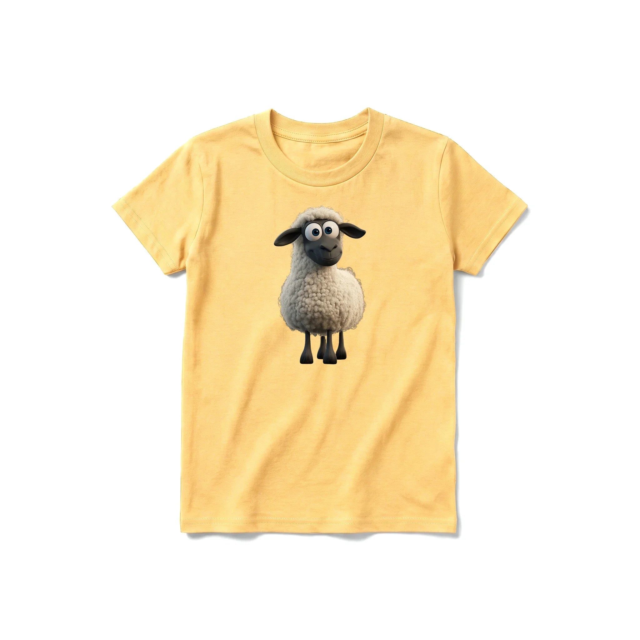 A mustard short-sleeve crewneck t-shirt for youth featuring a graphic of a farm animal on the front.
