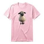 A pink short-sleeve crewneck t-shirt for adult featuring a graphic of a farm animal on the front.