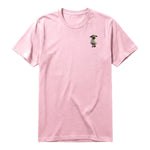 A pink short-sleeve crewneck t-shirt for adult featuring a graphic of a farm animal on the left chest.