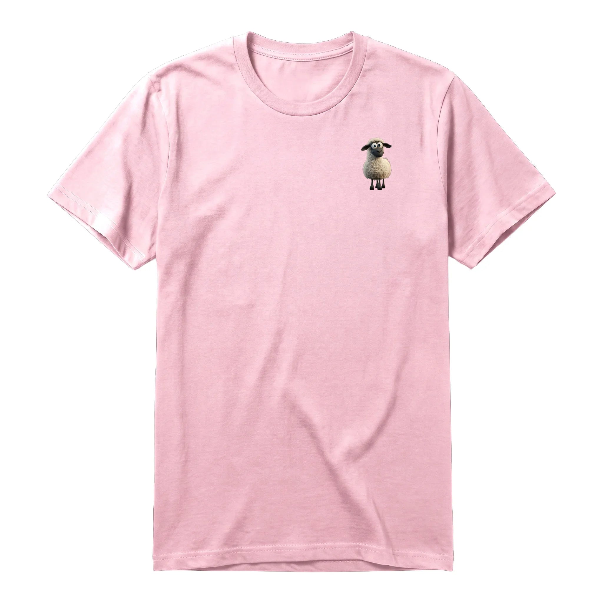 A pink short-sleeve crewneck t-shirt for adult featuring a graphic of a farm animal on the left chest.