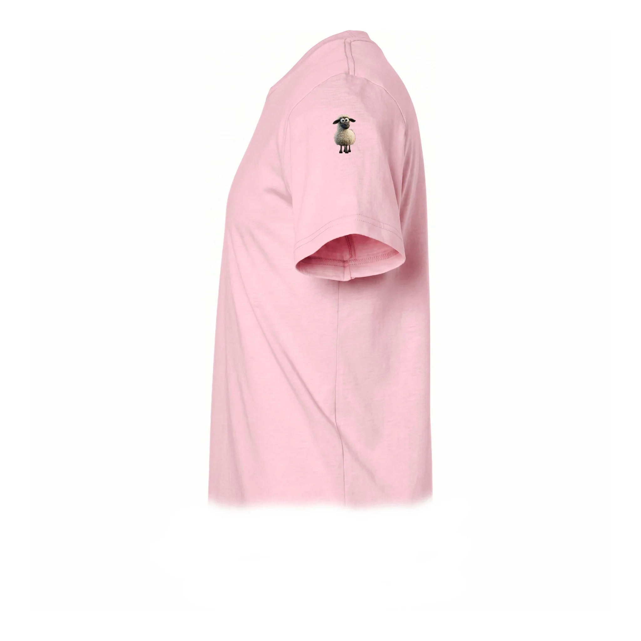 A pink short-sleeve crewneck t-shirt  featuring a small graphic of a farm animal on the upper left sleeve.