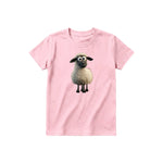 A pink short-sleeve crewneck t-shirt for youth featuring a graphic of a farm animal on the front.