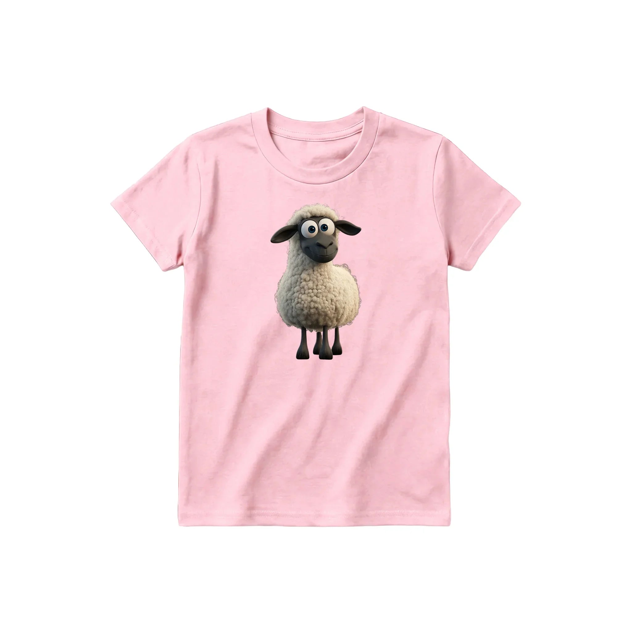 A pink short-sleeve crewneck t-shirt for youth featuring a graphic of a farm animal on the front.