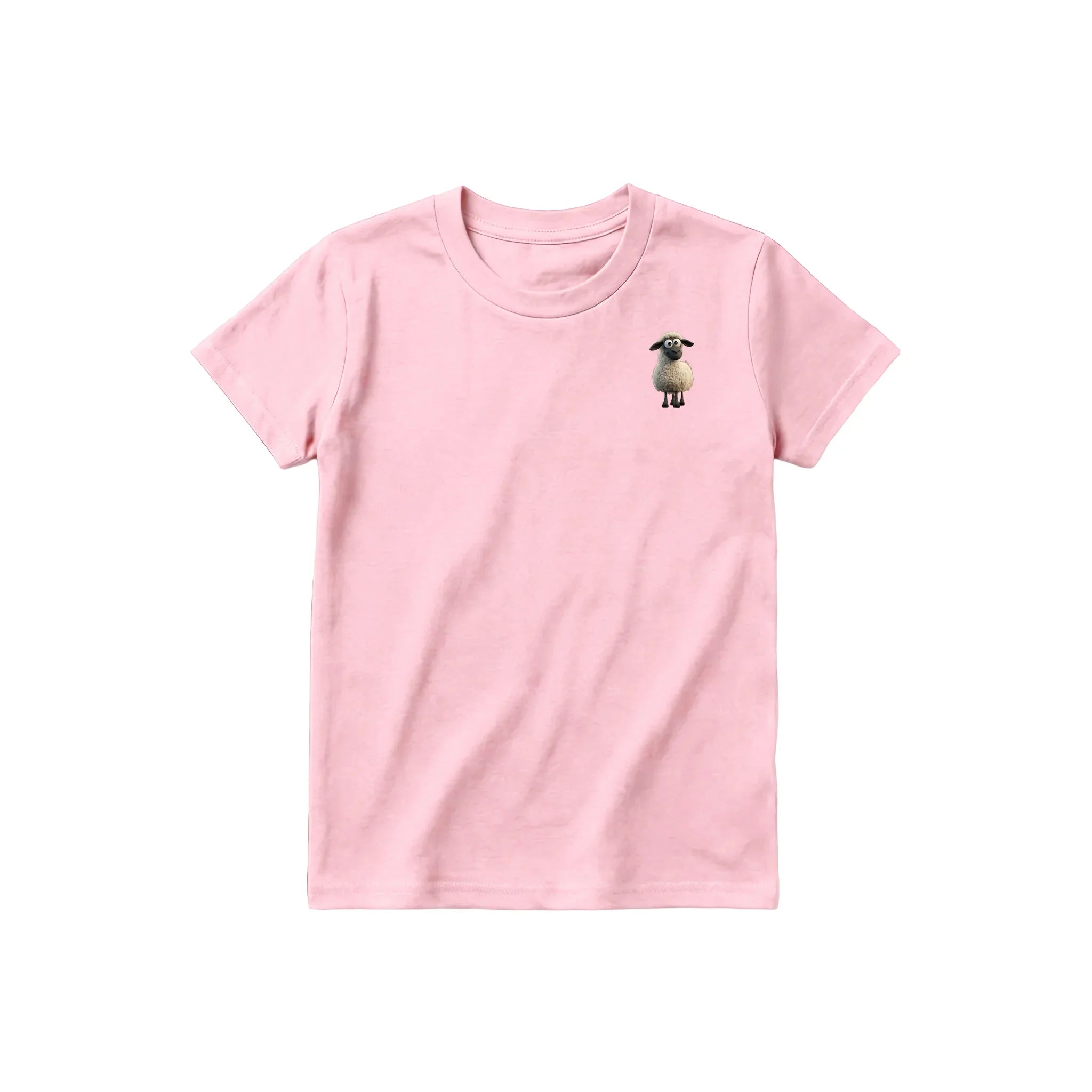 A pink short-sleeve crewneck t-shirt for youth featuring a graphic of a farm animal on the left chest.