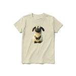 A latte short-sleeve crewneck t-shirt for youth featuring a graphic of a farm animal on the front.