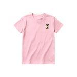 Un T-shirt rose à manches courtes et col rond pour jeune, orné d'un motif représentant un animal de la ferme sur la poitrine gauche.