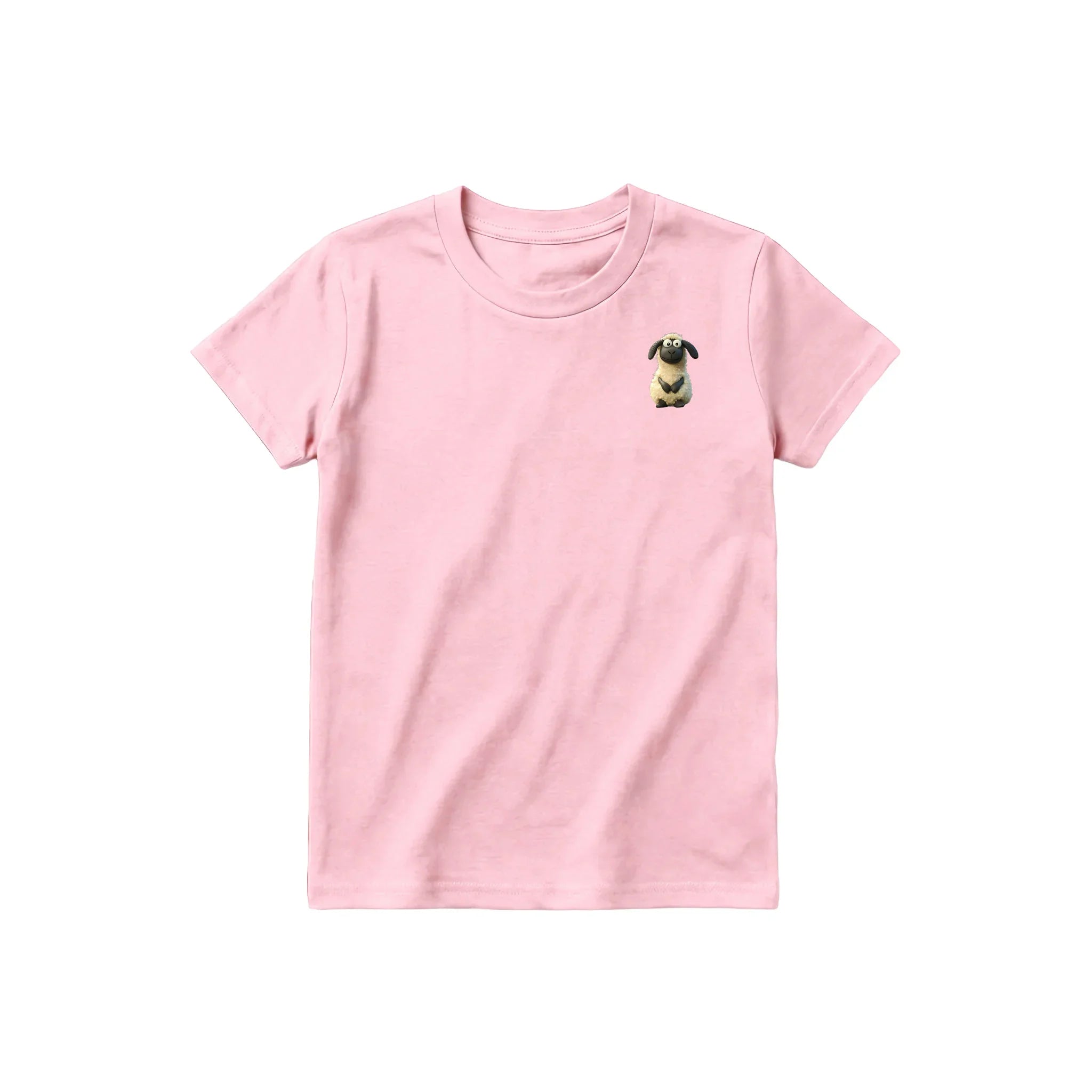 Un T-shirt rose à manches courtes et col rond pour jeune, orné d'un motif représentant un animal de la ferme sur la poitrine gauche.