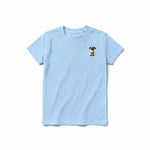 Un T-shirt poudre à manches courtes et col rond pour jeune, orné d'un motif représentant un animal de la ferme sur la poitrine gauche.
