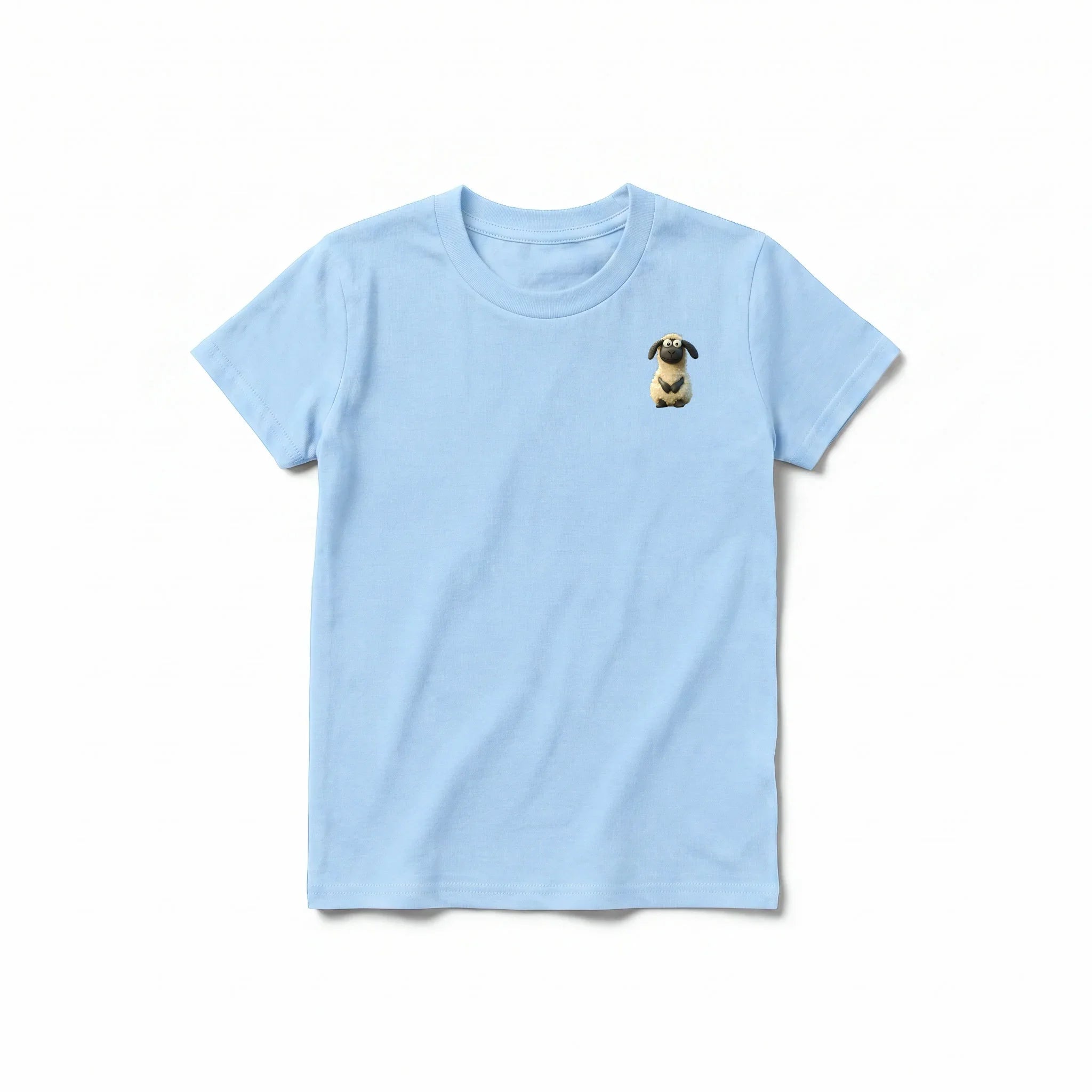 Un T-shirt poudre à manches courtes et col rond pour jeune, orné d'un motif représentant un animal de la ferme sur la poitrine gauche.