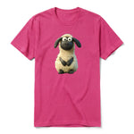 A raspberry short-sleeve crewneck t-shirt for adult featuring a graphic of a farm animal on the front.