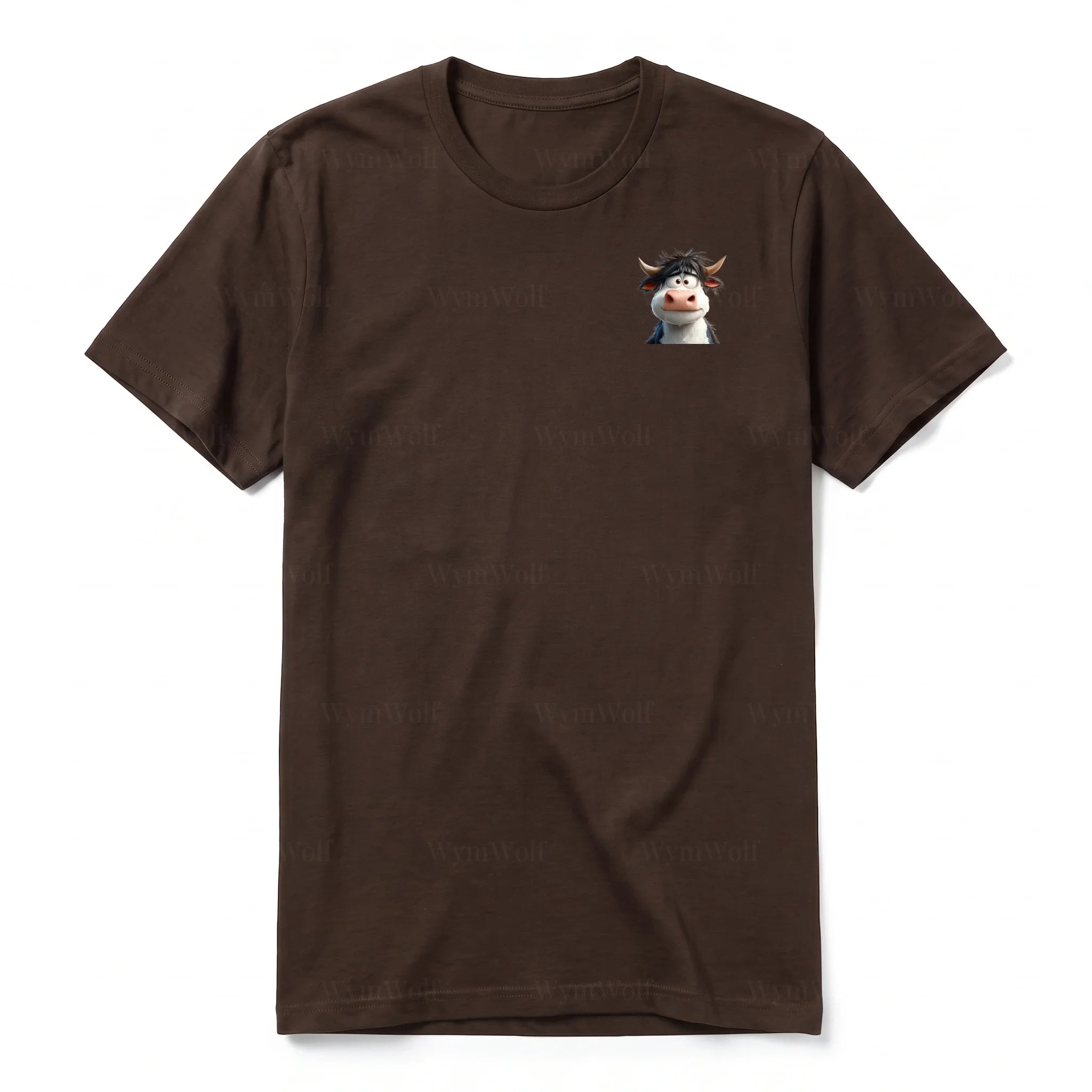 Un T-shirt chocolat à manches courtes et col rond, orné d'un motif représentant un animal de la ferme sur la poitrine gauche.