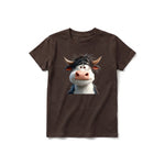 Un T-shirt chocolat à manches courtes et col rond pour jeune, orné d'un motif représentant un animal de la ferme sur le devant.