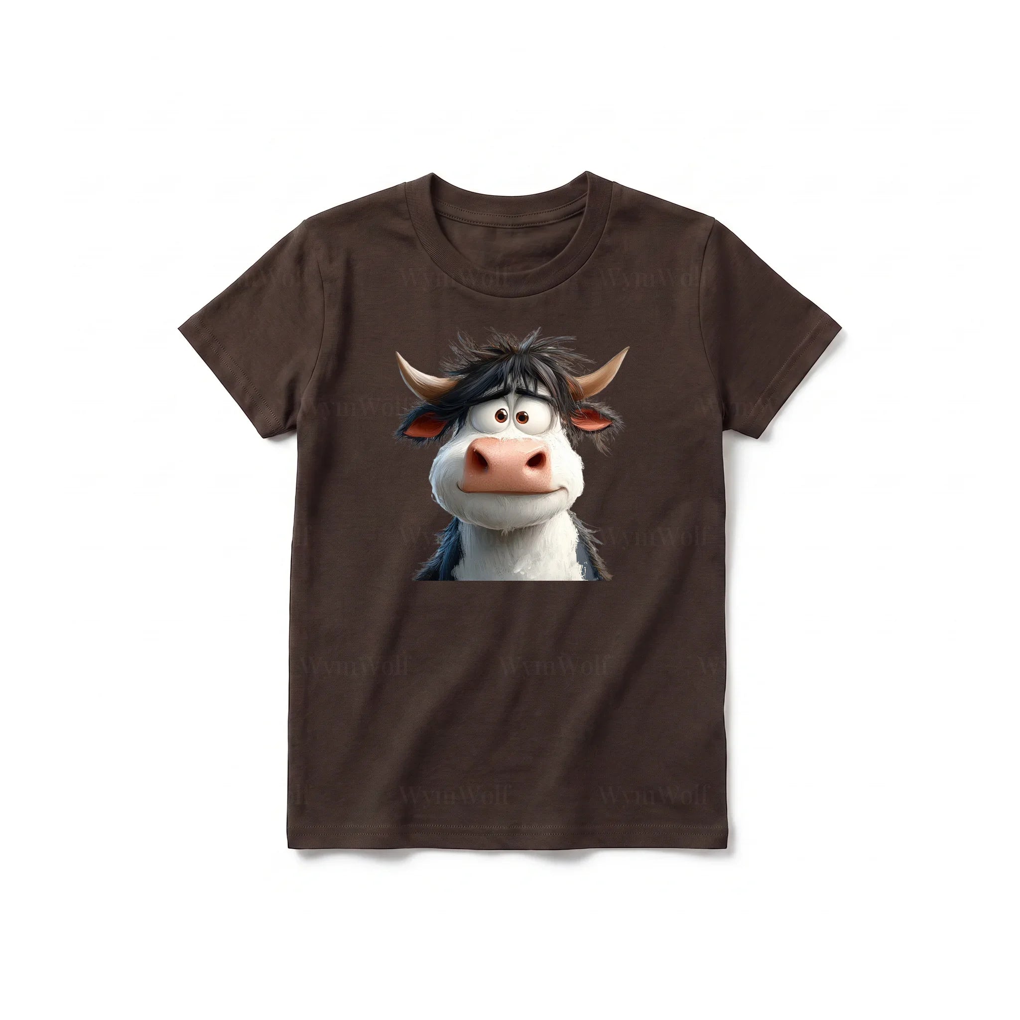 Un T-shirt chocolat à manches courtes et col rond pour jeune, orné d'un motif représentant un animal de la ferme sur le devant.
