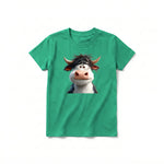 Un T-shirt kelly à manches courtes et col rond pour jeune, orné d'un motif représentant un animal de la ferme sur le devant.