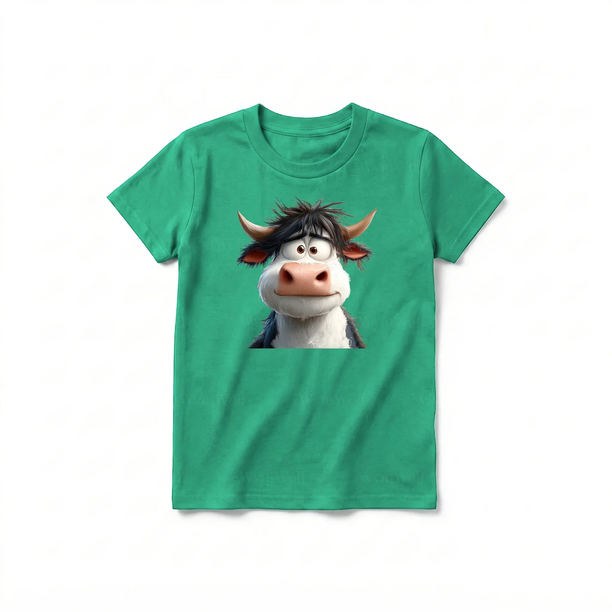 Un T-shirt kelly à manches courtes et col rond pour jeune, orné d'un motif représentant un animal de la ferme sur le devant.