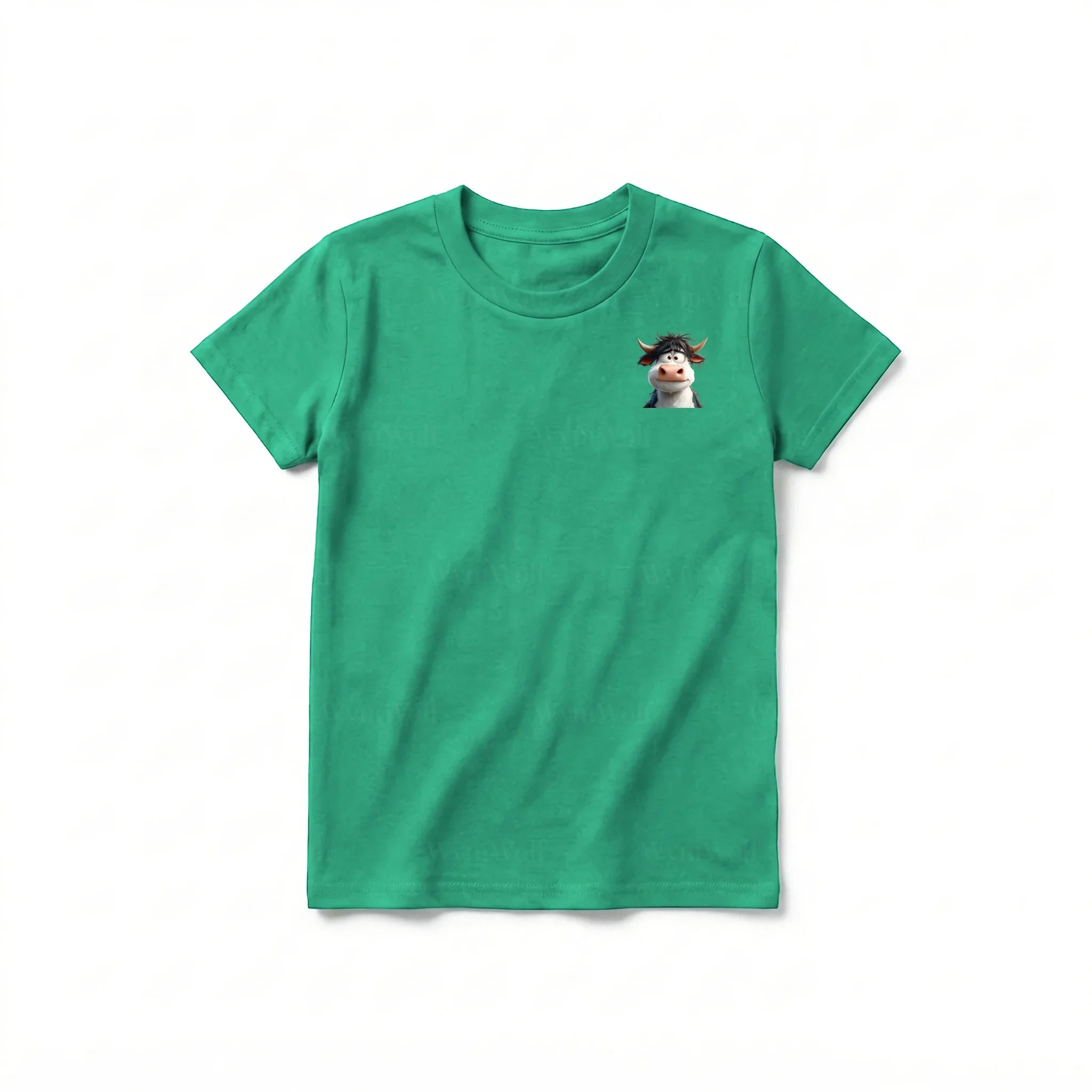 Un T-shirt kelly à manches courtes et col rond pour jeune, orné d'un motif représentant un animal de la ferme sur la poitrine gauche.