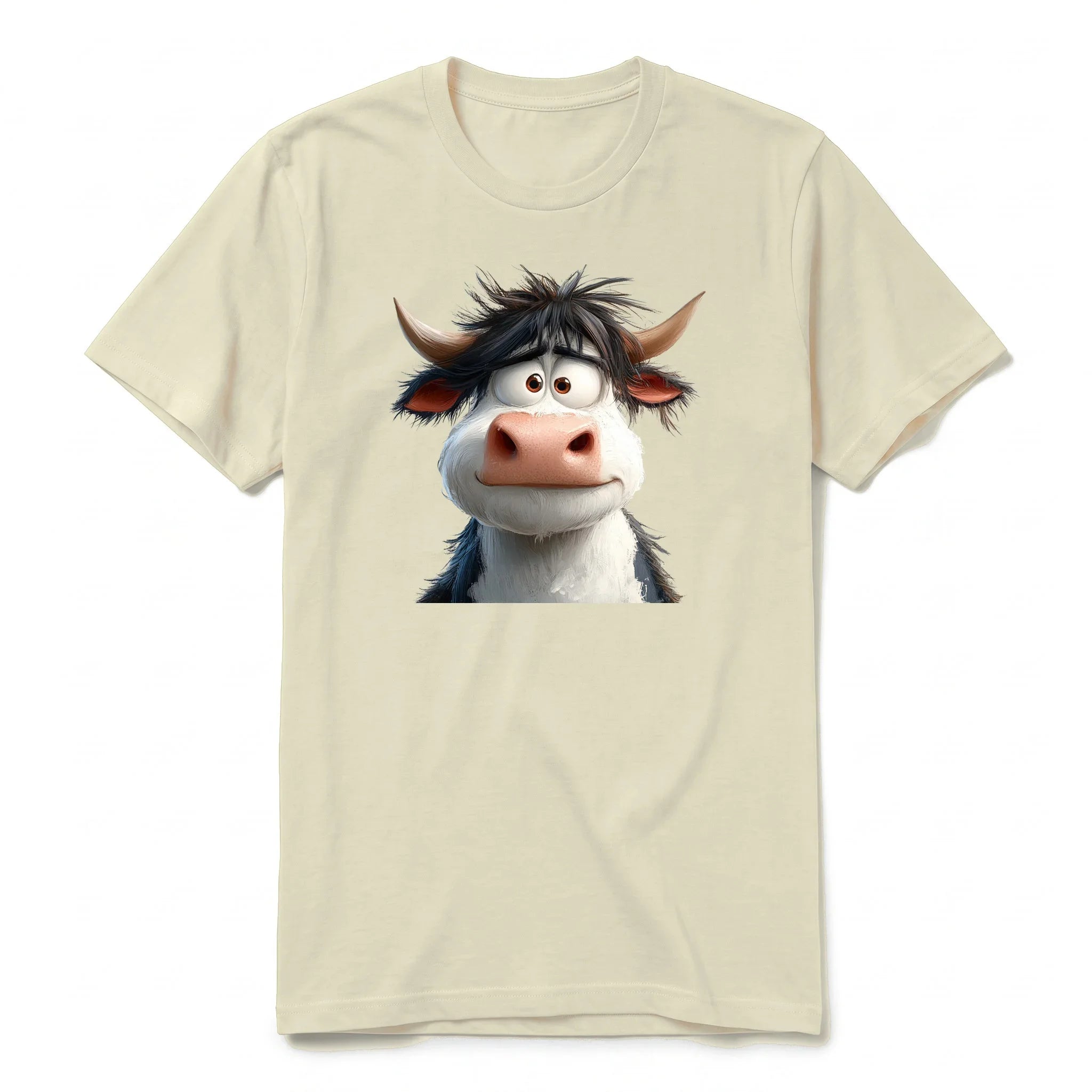 Un T-shirt latte à manches courtes et col rond, orné d'un motif représentant un animal de la ferme sur le devant.