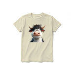 Un T-shirt latte à manches courtes et col rond pour jeune, orné d'un motif représentant un animal de la ferme sur le devant.