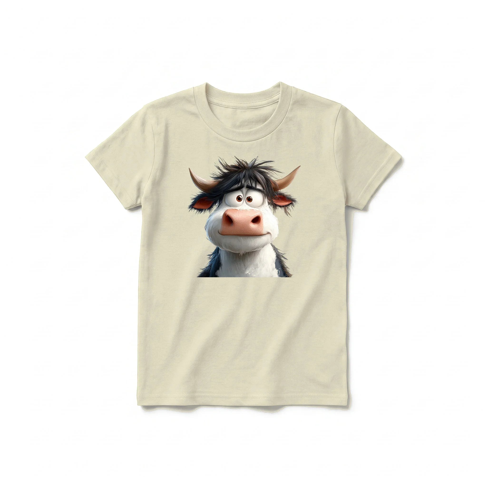 Un T-shirt latte à manches courtes et col rond pour jeune, orné d'un motif représentant un animal de la ferme sur le devant.